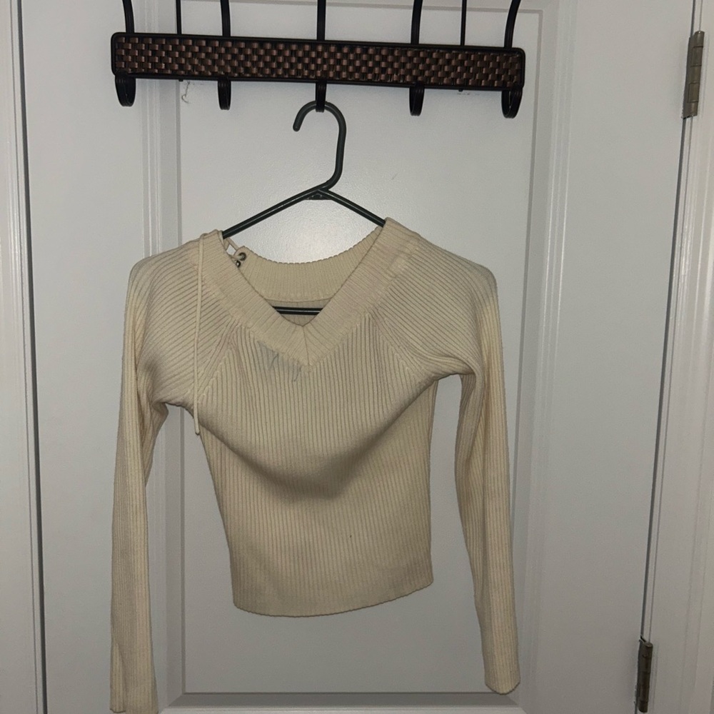 Cream Ribbed V-Neck Sweater